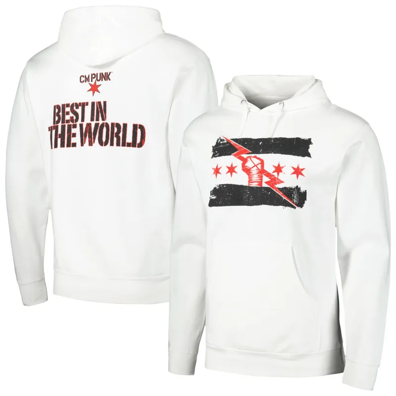 Men's White CM Punk Best in the World Retro Pullover Hoodie sold by WWE
