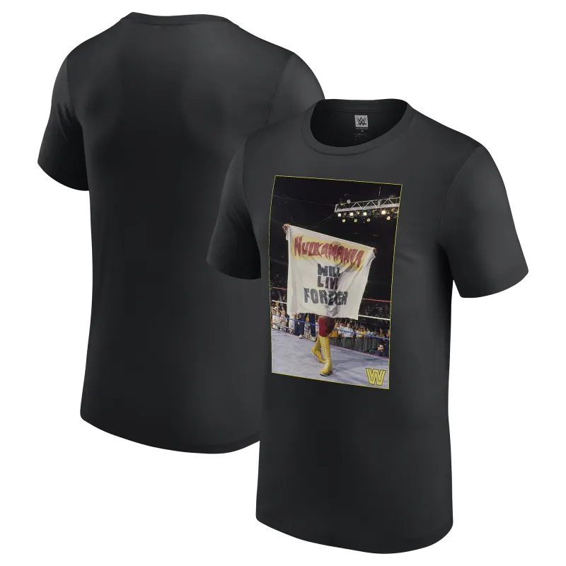 Men's Black Hulk Hogan Hulkamania Will Live Forever Photo T-Shirt sold by WWE