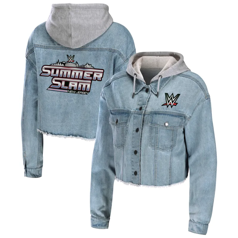 Women's WEAR by Erin Andrews Blue SummerSlam 2025 Hooded Cropped Full-Snap Denim Jacket made by WWE