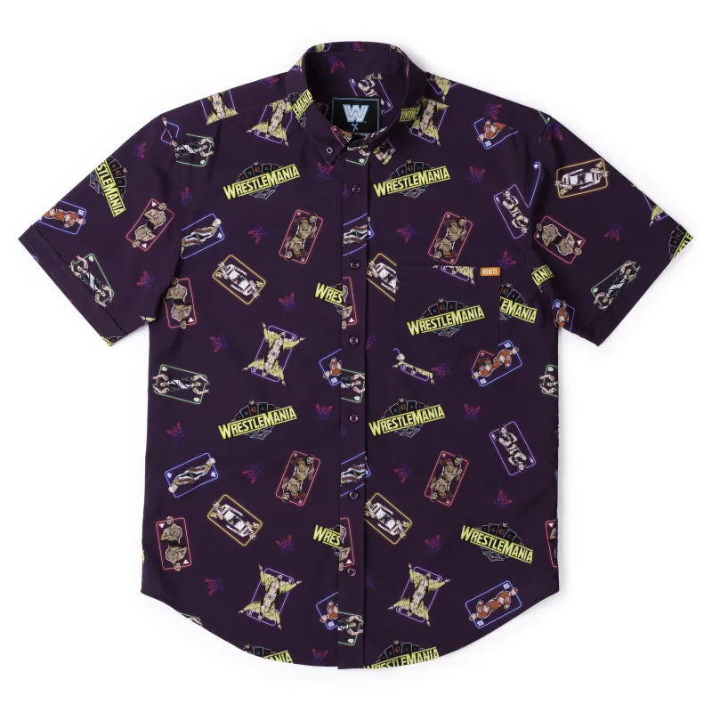 Men's RSVLTS Purple WrestleMania 41 Exclusive KUNUFLEX Button-Down Short Sleeve Shirt sold by WWE