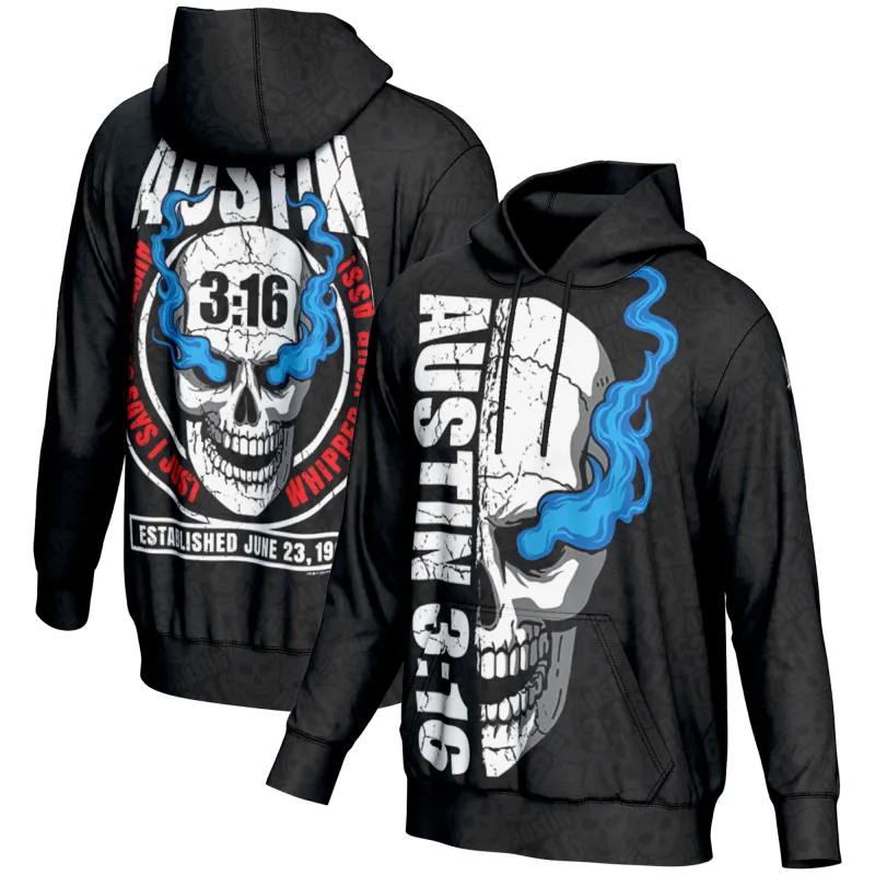 Men's ProSphere Black "Stone Cold" Steve Austin 3:16 Skull Pullover Hoodie sold by WWE