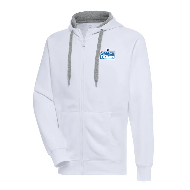 Men's Antigua White SmackDown Victory Full-Zip Hoodie sold by WWE