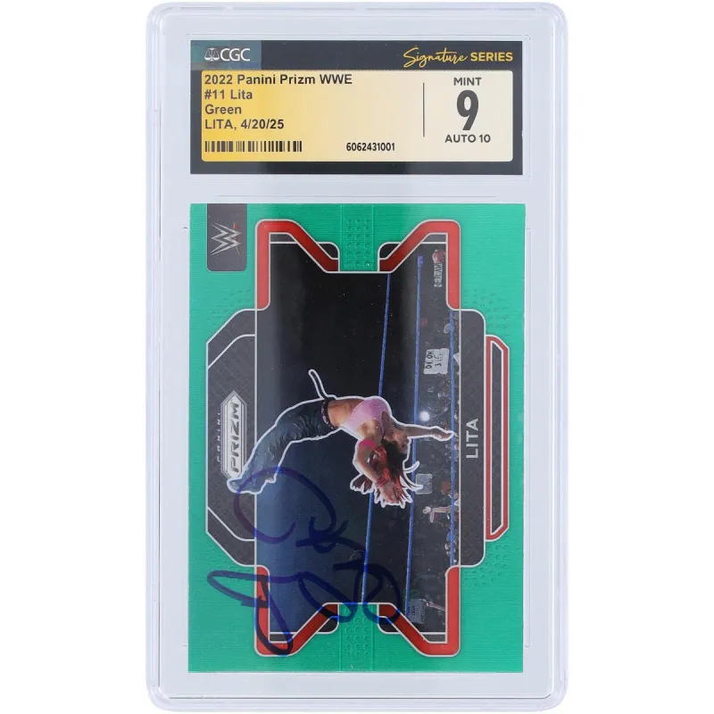 Lita WWE Autographed 2022 Panini Prizm Green Prizm #11 CGC Fanatics Witnessed Authenticated 9/10 Card made by WWE