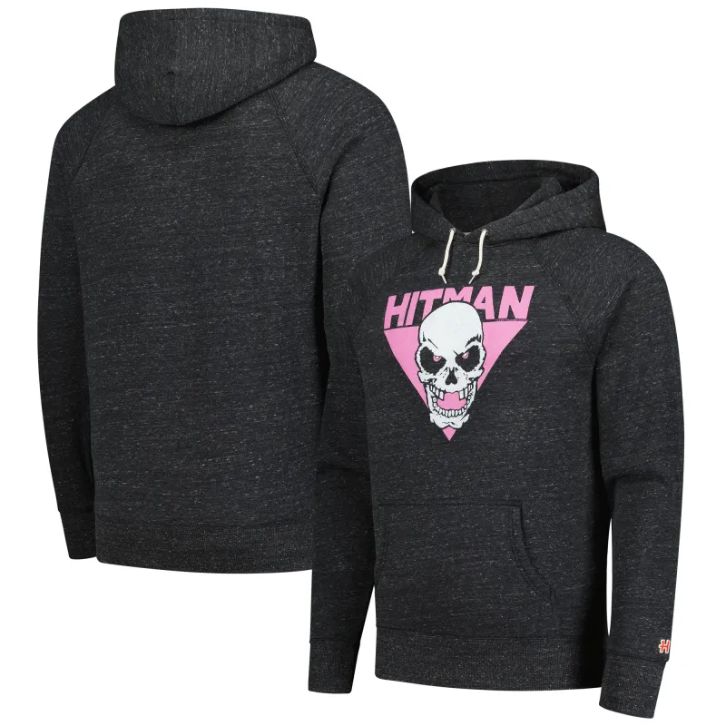 Men's Homage Charcoal Bret Hart Hitman Skull Tri-Blend Raglan Pullover Hoodie sold by WWE