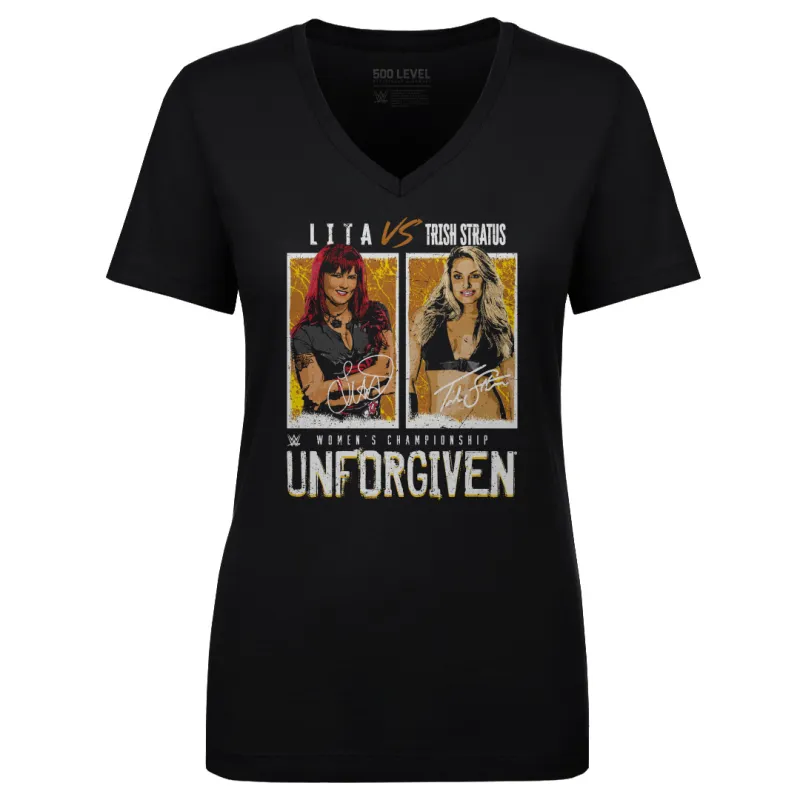 Women's 500 Level Trish Stratus Vs. Lita Match Black V-Neck T-Shirt sold by WWE