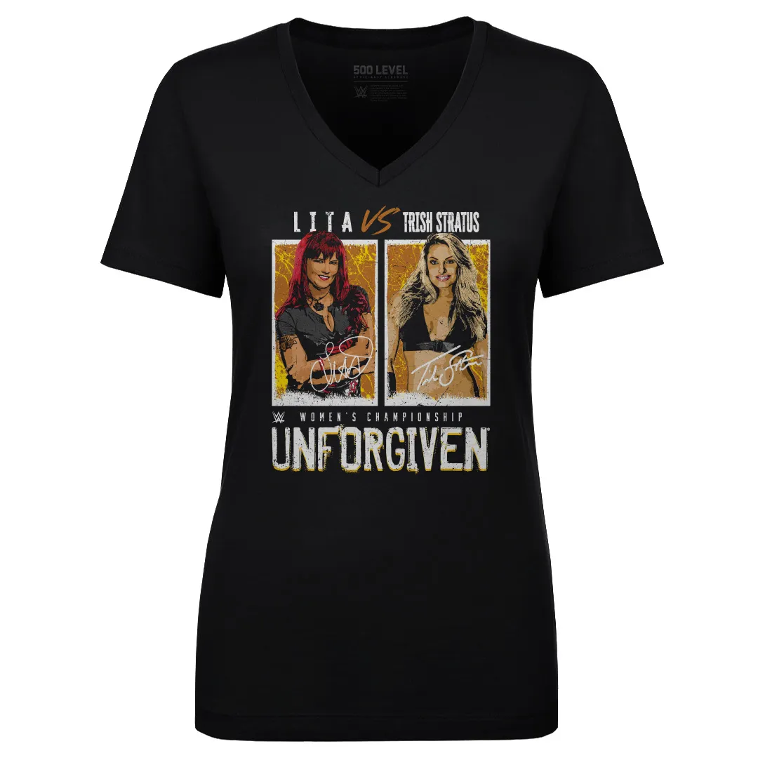 Women's 500 Level Trish Stratus Vs. Lita Match Black V-Neck T-Shirt sold by WWE