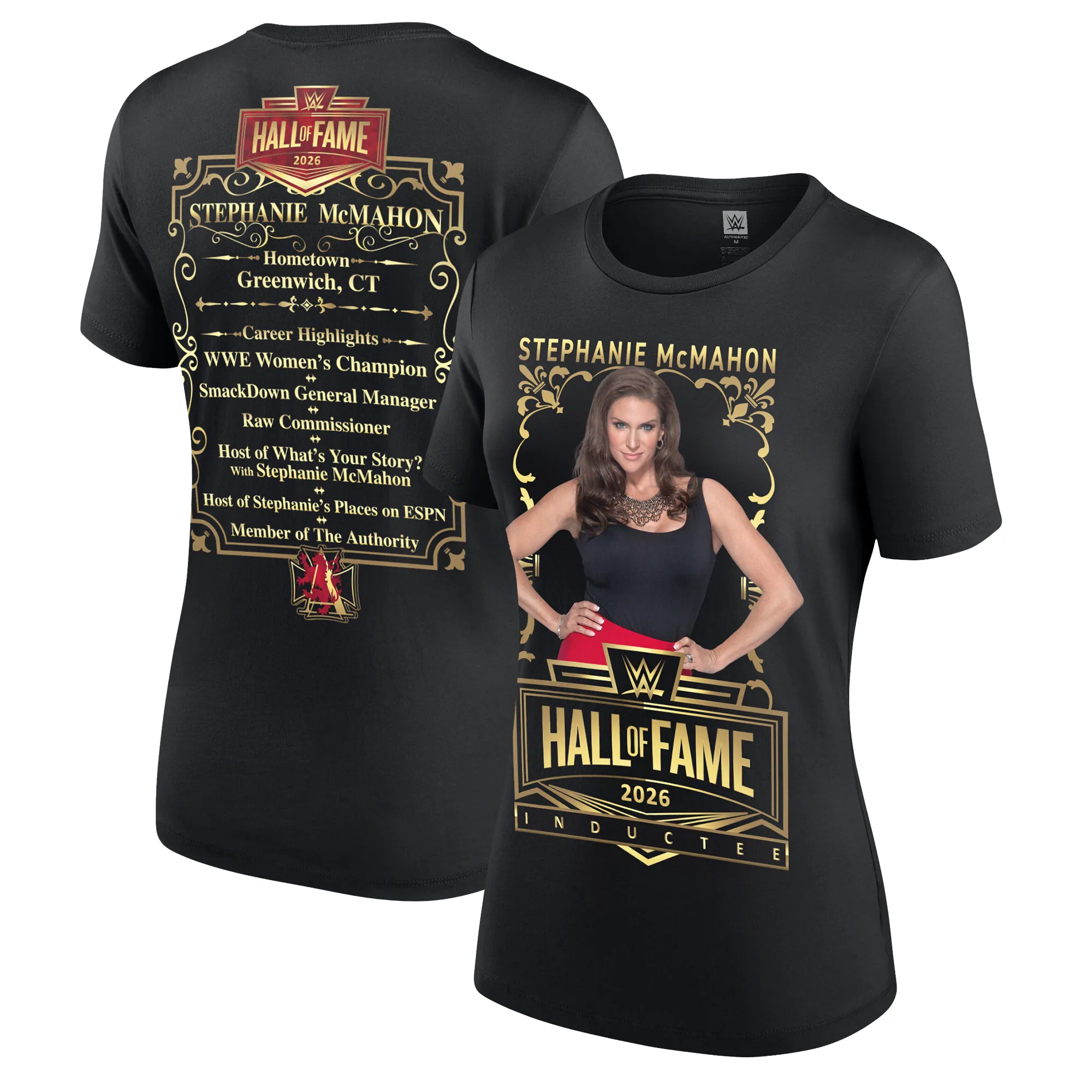 Women's Black Stephanie McMahon WWE Hall of Fame 2026 T-Shirt sold by WWE