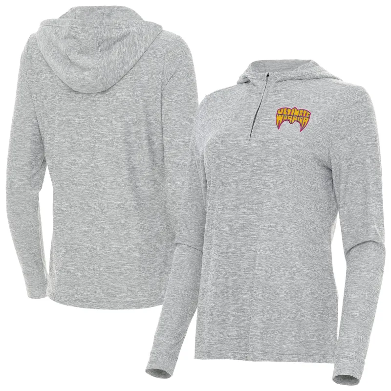 Women's Antigua Heather Gray The Ultimate Warrior Daybreak Quarter-Zip Hoodie sold by WWE