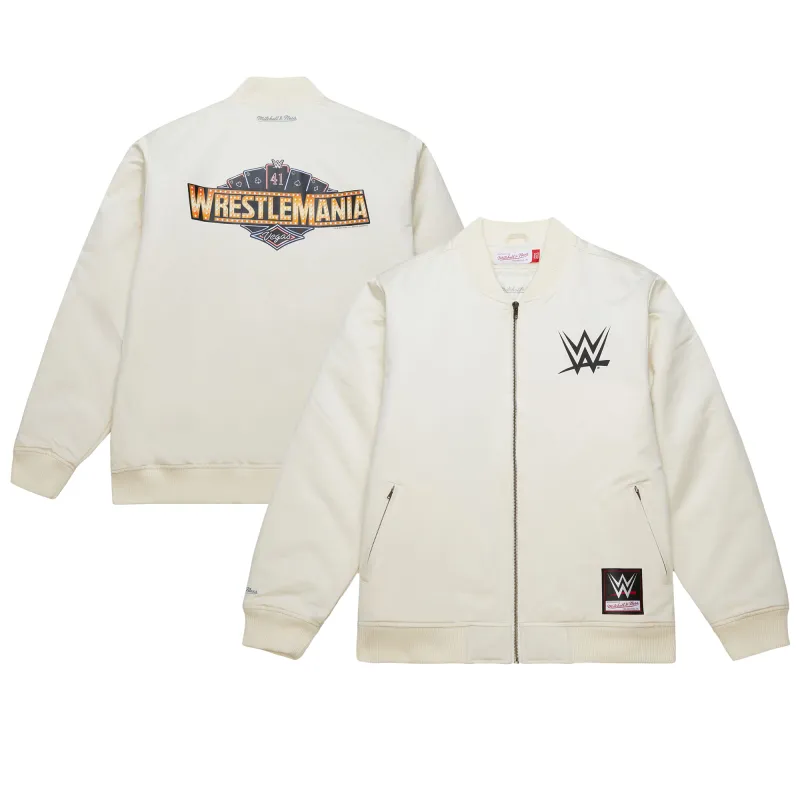 Men's Mitchell & Ness Cream WrestleMania 41 Logo Full-Zip Satin Jacket made by Mitchell & Ness