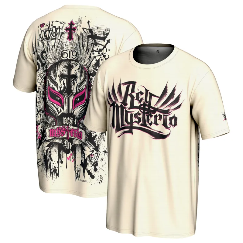 Men's ProSphere Cream Rey Mysterio Graffiti Mask T-Shirt made by WWE