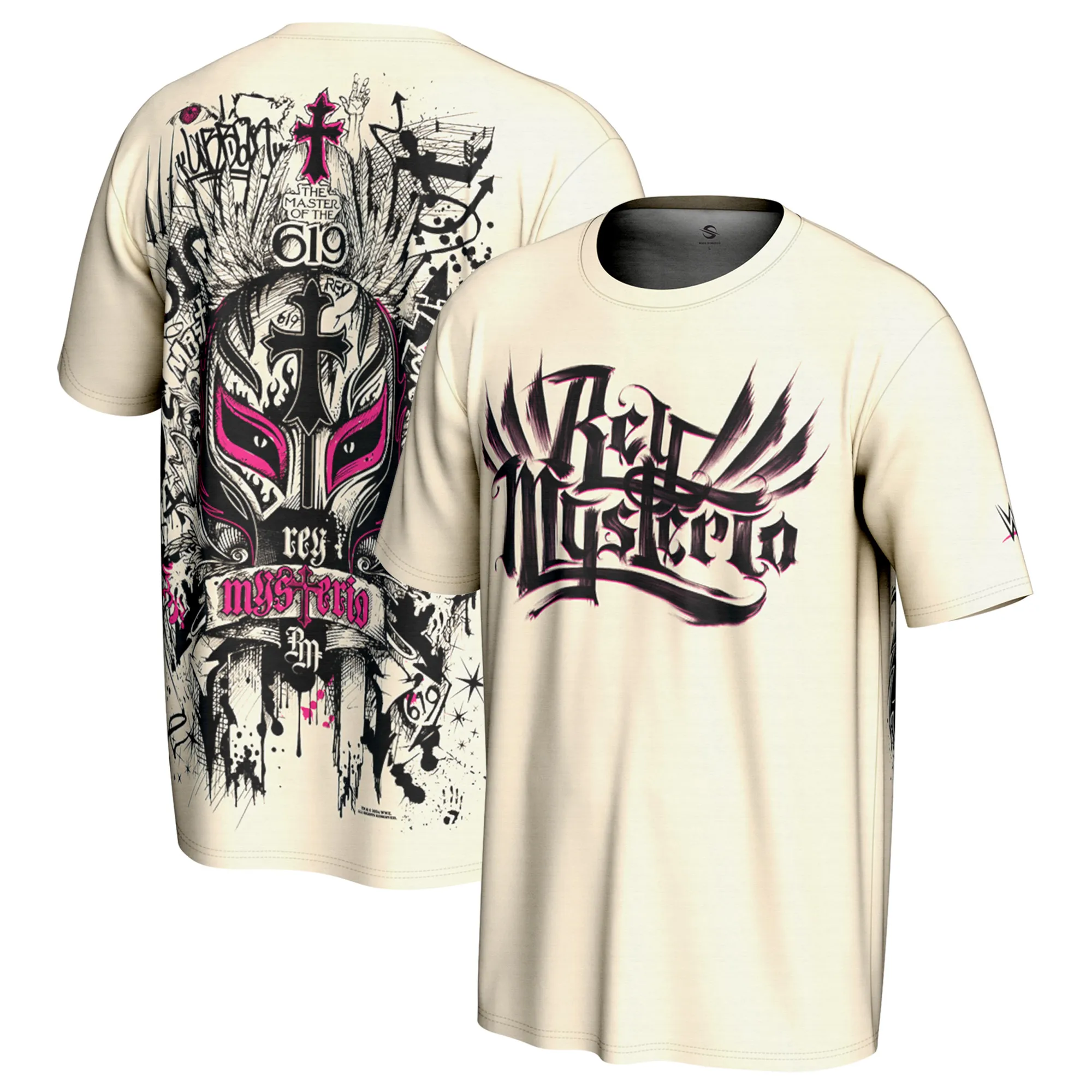 Men's ProSphere Cream Rey Mysterio Graffiti Mask T-Shirt sold by WWE
