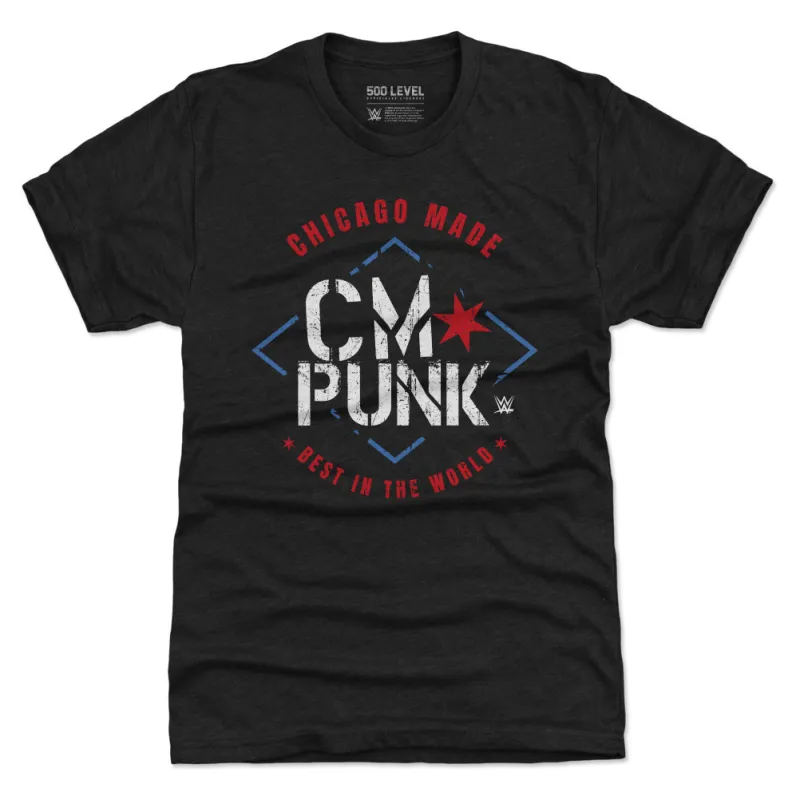 Men's 500 Level Heather Black CM Punk Chicago Made Premium Tri-Blend T-Shirt sold by WWE