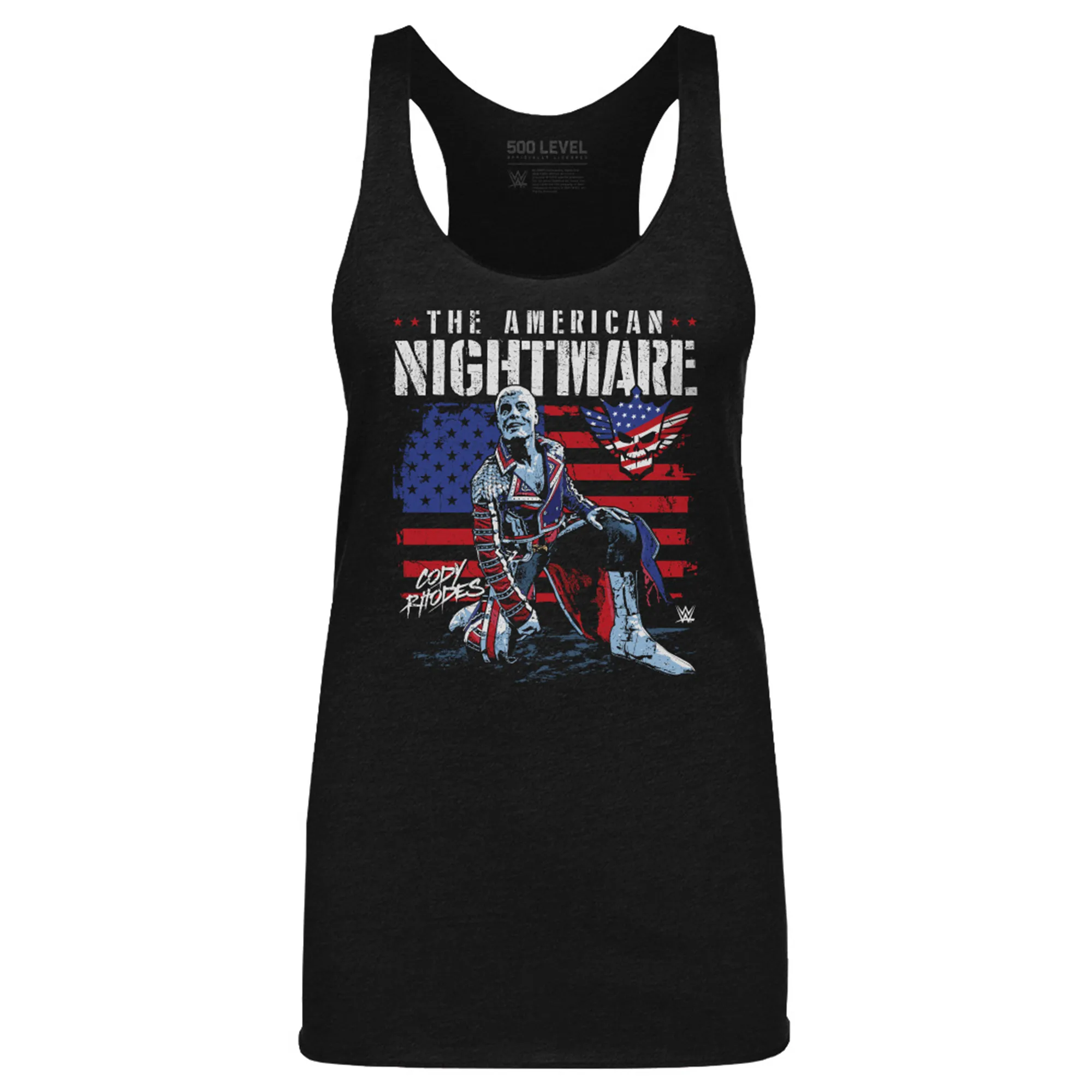 Women's 500 Level Heather Black Cody Rhodes American Flag Tri-Blend Tank Top sold by WWE