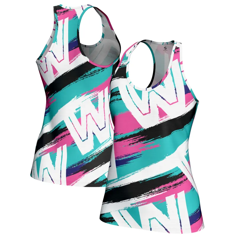 Women's ProSphere White WWE 90s Jazz Cup Racerback Tank Top sold by WWE