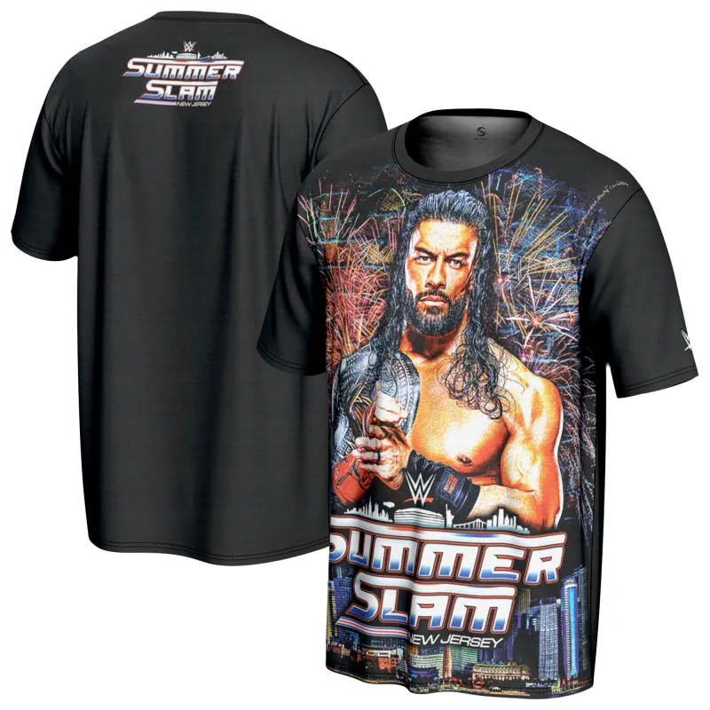 Men's Black Roman Reigns SummerSlam 2025 T-Shirt sold by WWE