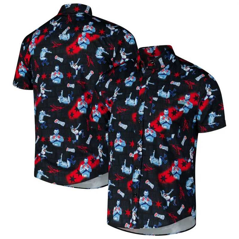 Men's RSVLTS Black CM Punk Best In The World KUNUFLEX Button-Down Short Sleeve Shirt sold by WWE