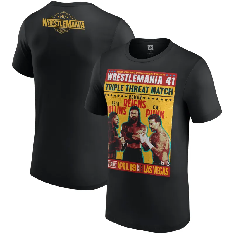 Men's Black WrestleMania 41 Roman Reigns vs. CM Punk vs. Seth Rollins Triple Threat Match T-Shirt made by WWE