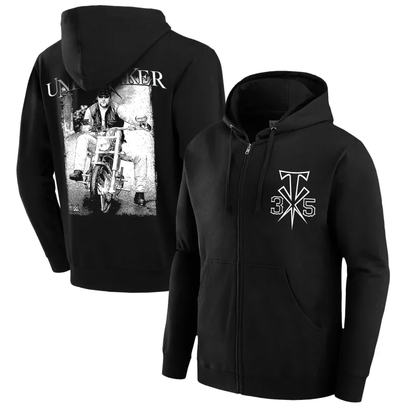 Men's Black The Undertaker 35 Years Biker Photo Full-Zip Hoodie sold by WWE