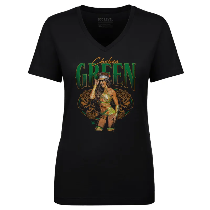 Women's 500 Level Black Chelsea Green Flowers V-Neck T-Shirt sold by WWE