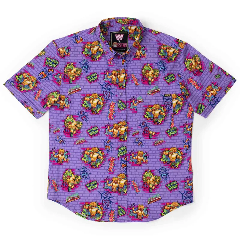 Men's RSVLTS Purple The Ultimate Warrior One Warrior Nation KUNUFLEX Button-Down Short Sleeve Shirt sold by WWE