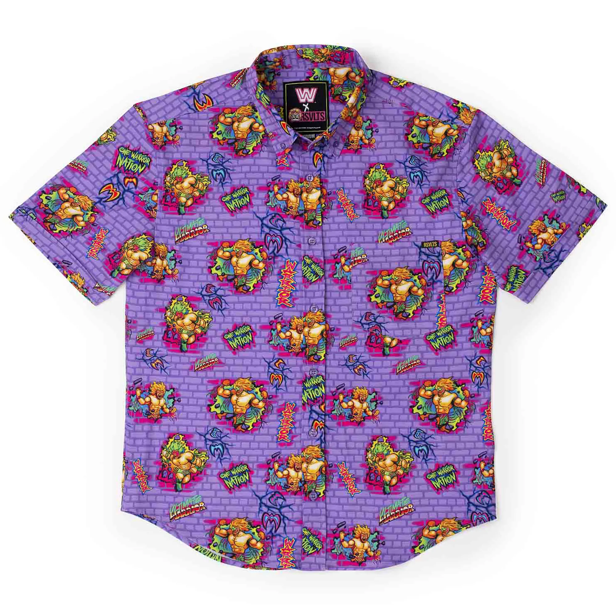 Men's RSVLTS Purple The Ultimate Warrior One Warrior Nation KUNUFLEX Button-Down Short Sleeve Shirt sold by WWE