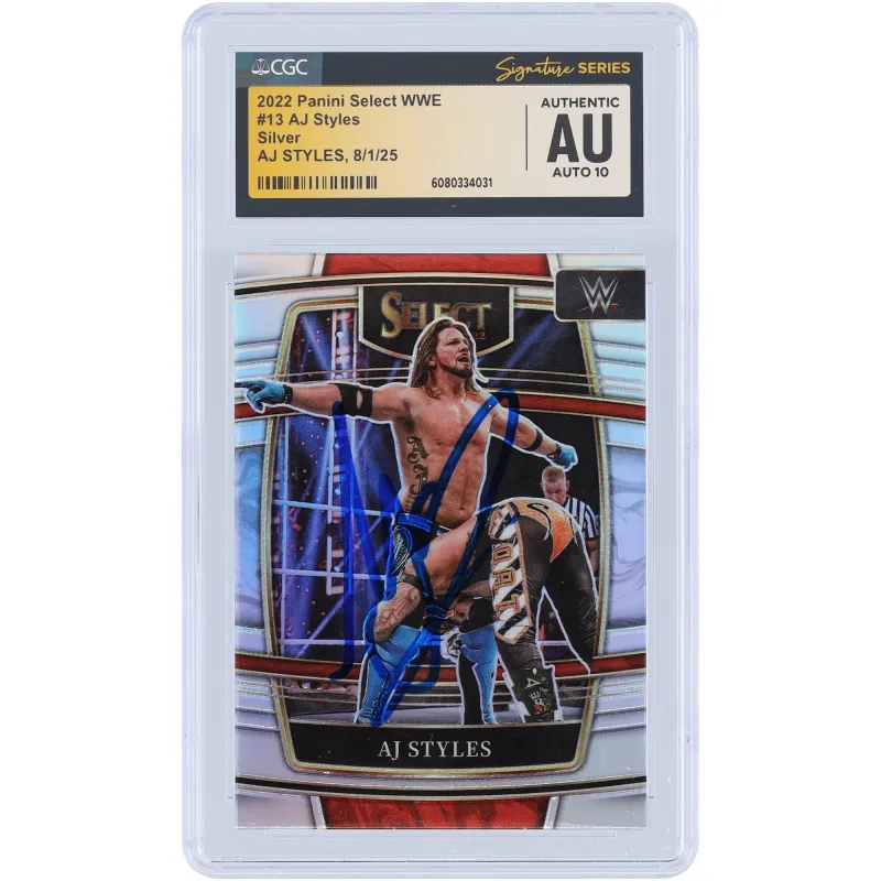 AJ Styles WWE Autographed 2022 Panini Select Silver Prizm #13 CGC Fanatics Witnessed Authenticated 10 Card sold by WWE