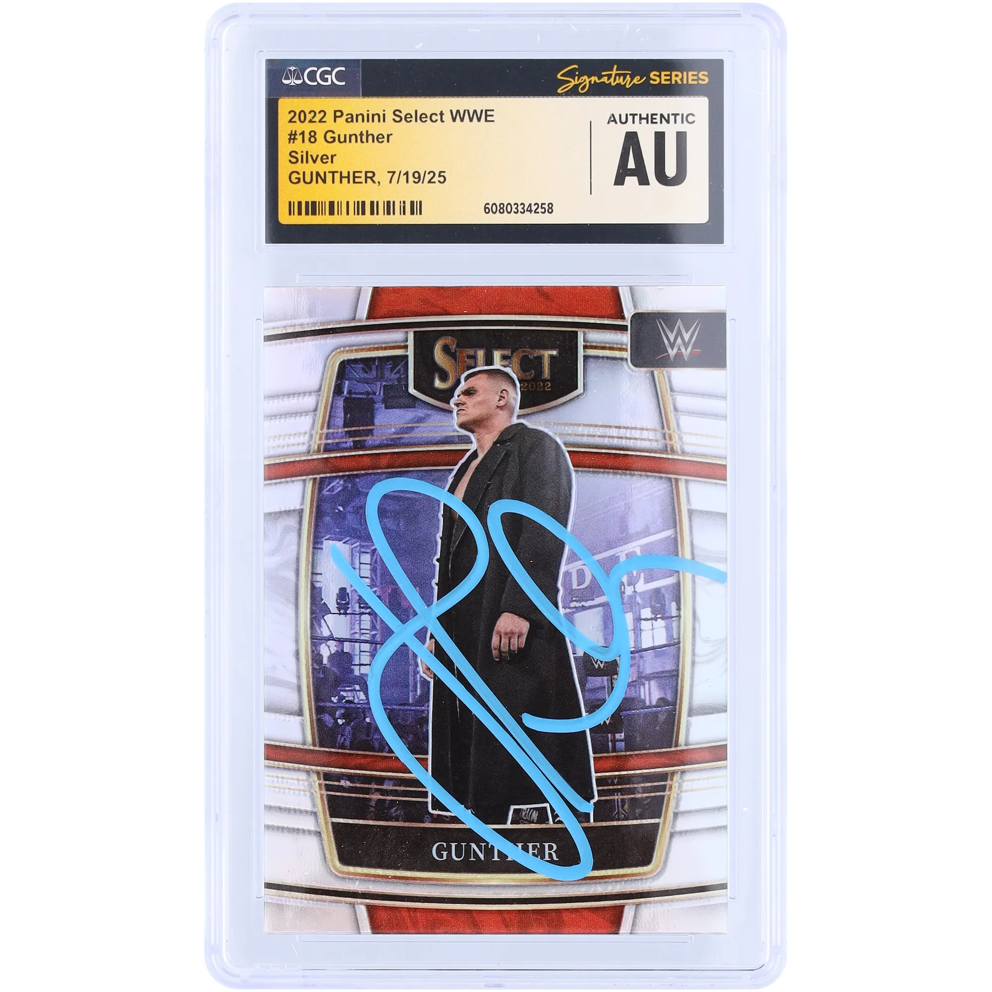 Gunther WWE Autographed 2022 Panini Select Silver Prizm Light Blue Ink #18 CGC Fanatics Witnessed Authenticated Card sold by WWE