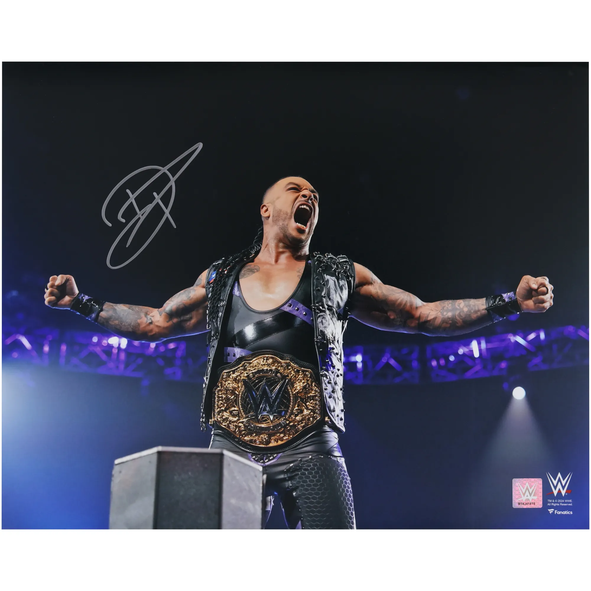 Damian Priest WWE Autographed 16" x 20" On Ropes Wearing Title Belt Photograph sold by WWE