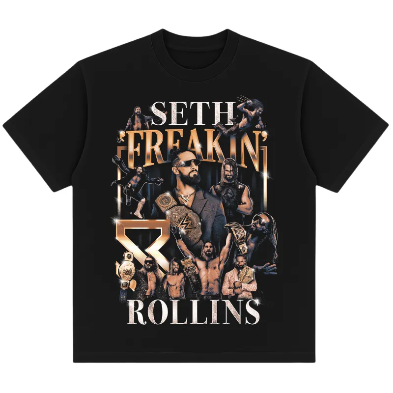 Men's Black Seth Rollins Montage Boxy T-Shirt sold by WWE