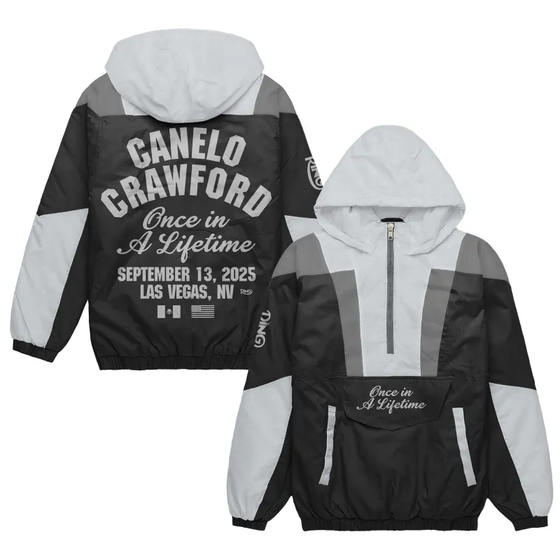 Canelo vs. Crawford Men's Black Once In A Lifetime Half-Zip Windbreaker sold by WWE