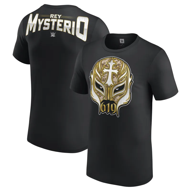 Men's Black Rey Mysterio 619 Gold Mask T-Shirt made by WWE