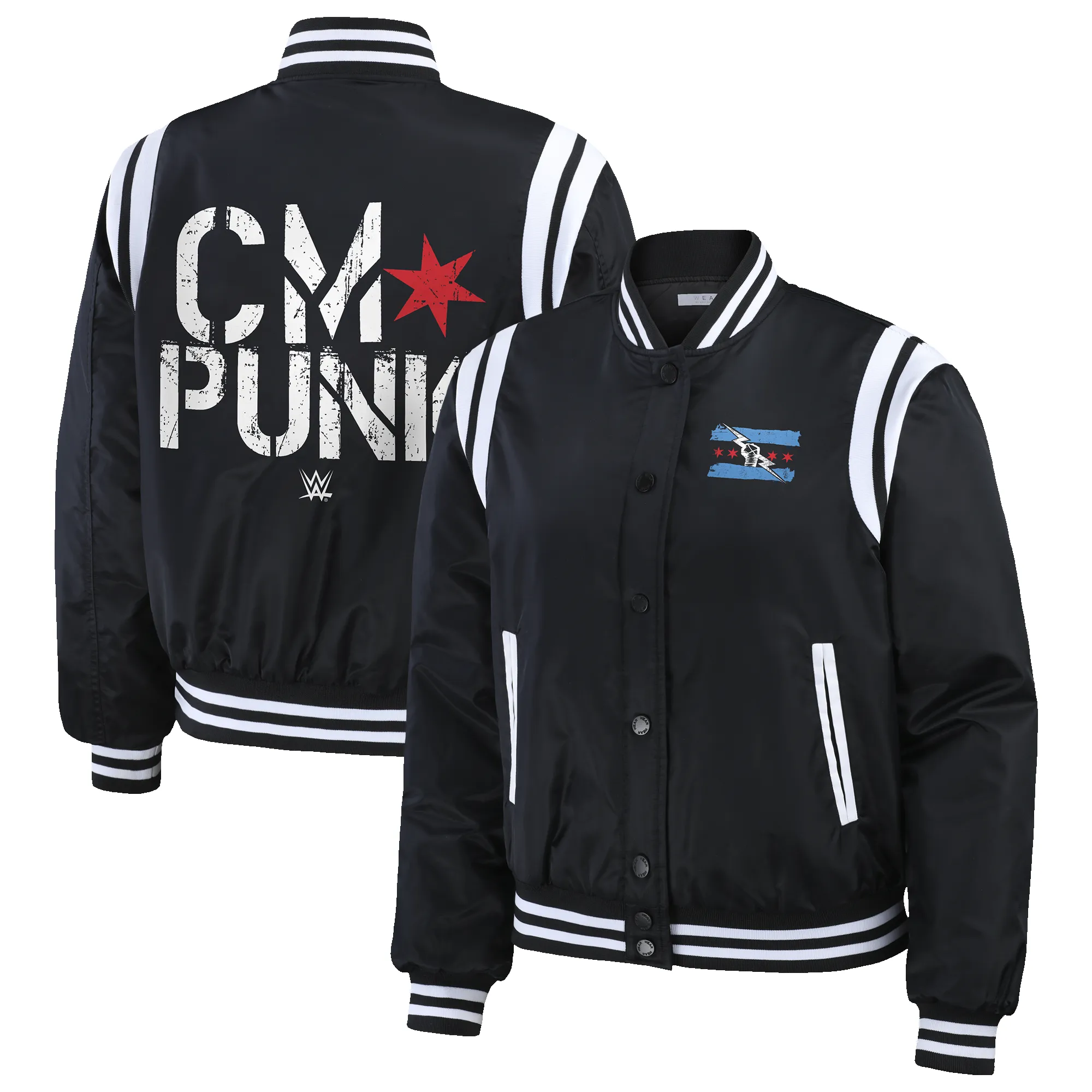 Women's WEAR by Erin Andrews Black CM Punk Bomber Full-Zip Jacket sold by WWE