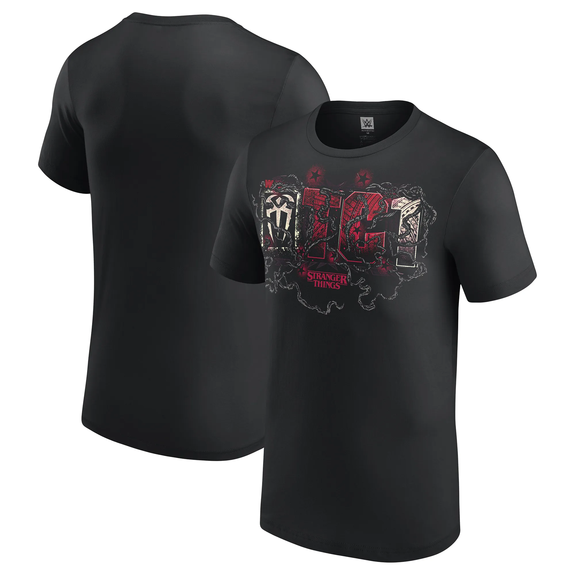 Men's Black Roman Reigns WWE x Stranger Things T-Shirt sold by WWE