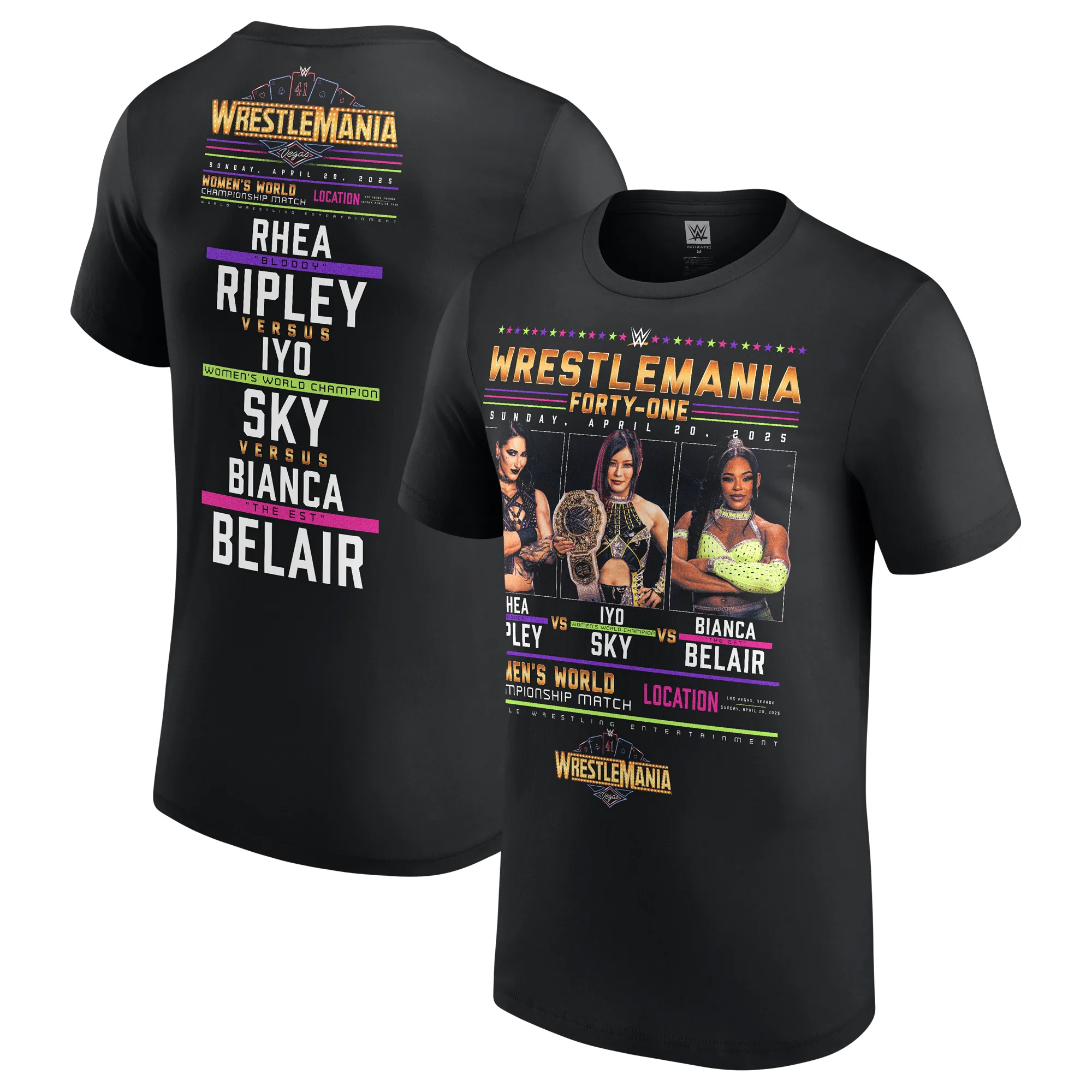 Men's Black WrestleMania 41 IYO SKY vs. Bianca Belair vs. Rhea Ripley Triple Threat Match T-Shirt sold by WWE
