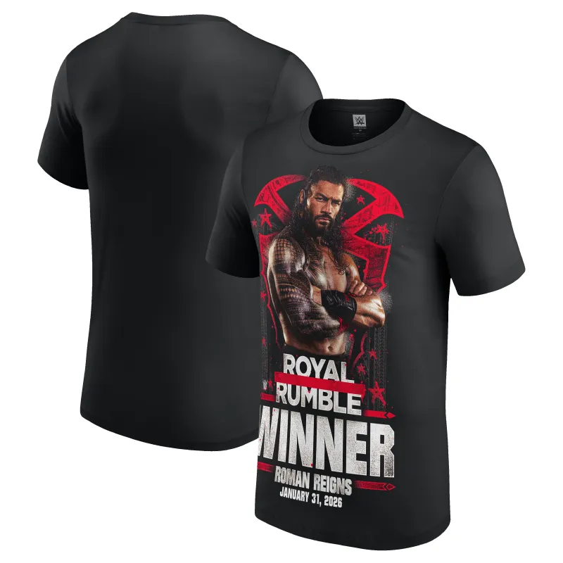 Men's Black Roman Reigns Royal Rumble 2026 Winner T-Shirt made by WWE