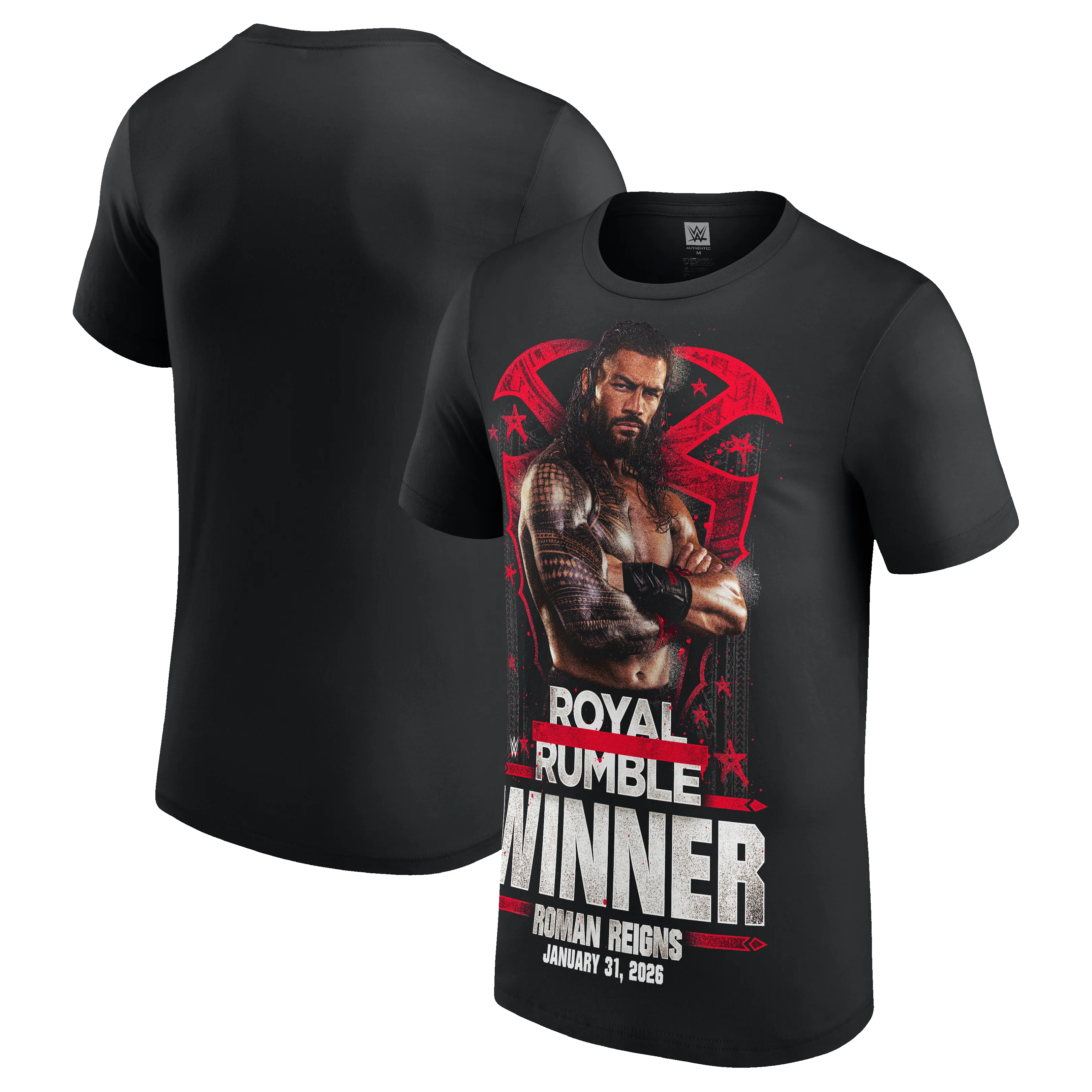Men's Black Roman Reigns Royal Rumble 2026 Winner T-Shirt sold by WWE