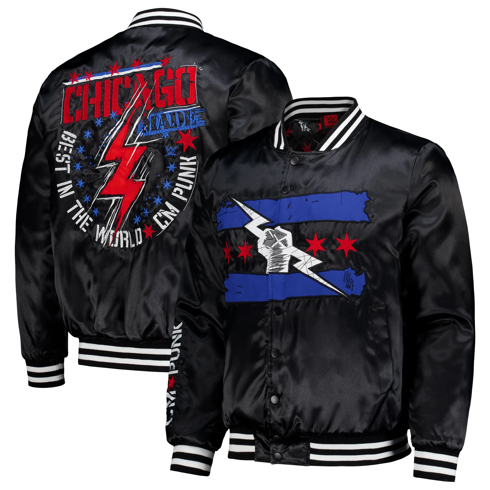 Men's Black CM Punk Chicago Made Full-Snap Bomber Jacket sold by WWE