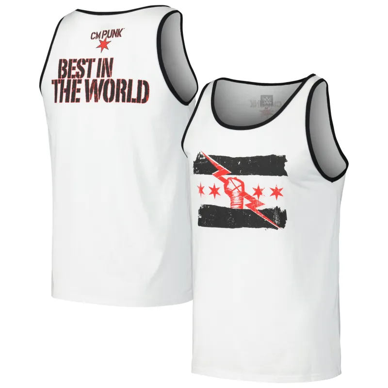 Men's White CM Punk Best In The World Retro Tank Top made by WWE