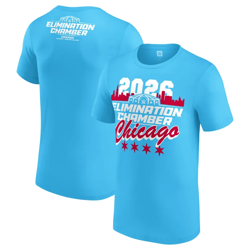 Men's Light Blue Elimination Chamber 2026 Chicago T-Shirt made by WWE
