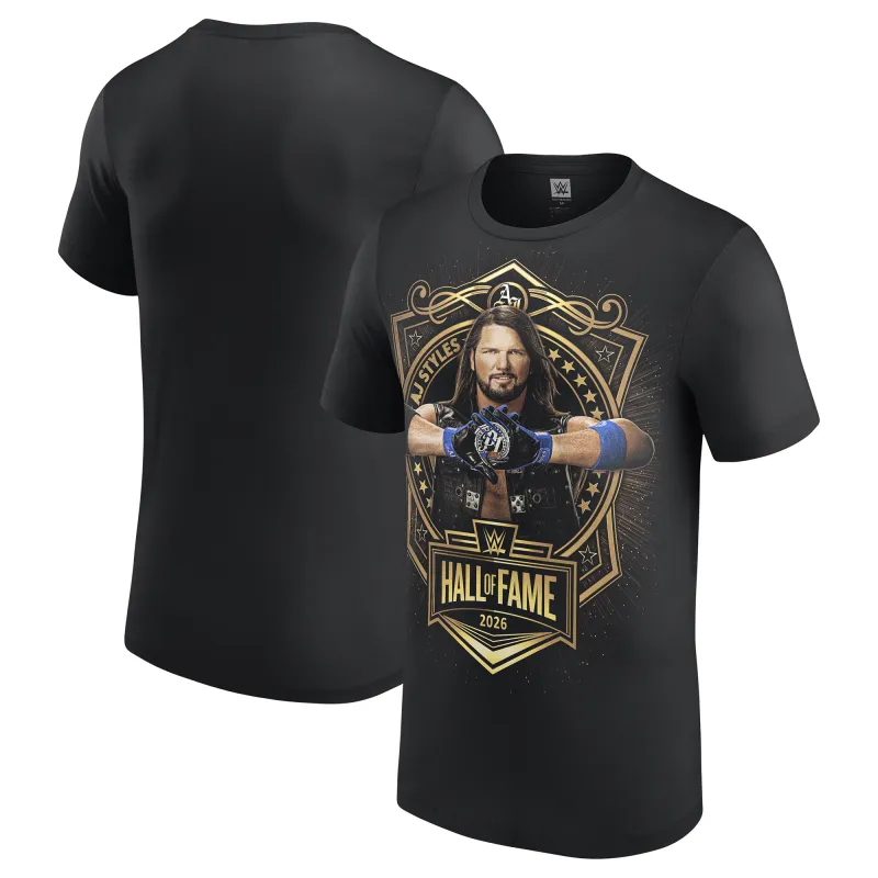 Men's Black AJ Styles WWE Hall of Fame 2026 Inductee T-Shirt sold by WWE