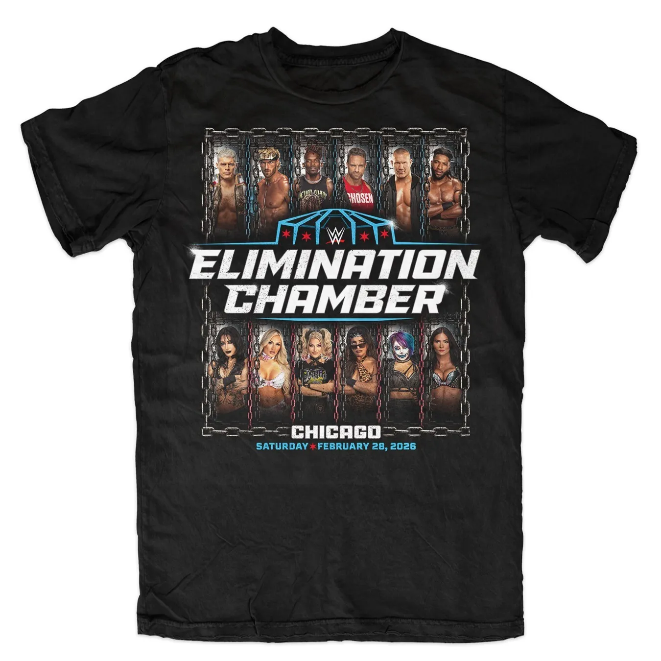 Men's Black WWE 2026 Elimination Chamber Event T-Shirt sold by WWE