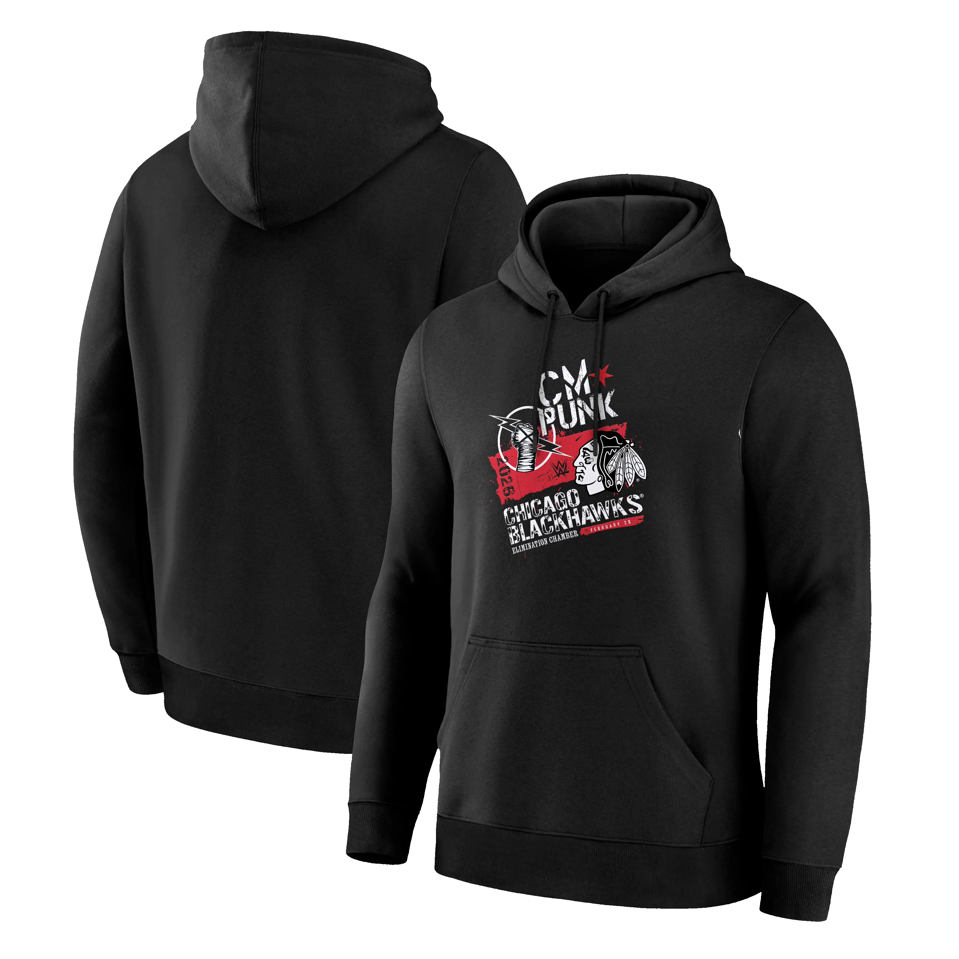Men's Fanatics Black CM Punk x Chicago Blackhawks Elimination Chamber 2026 Hoodie sold by WWE