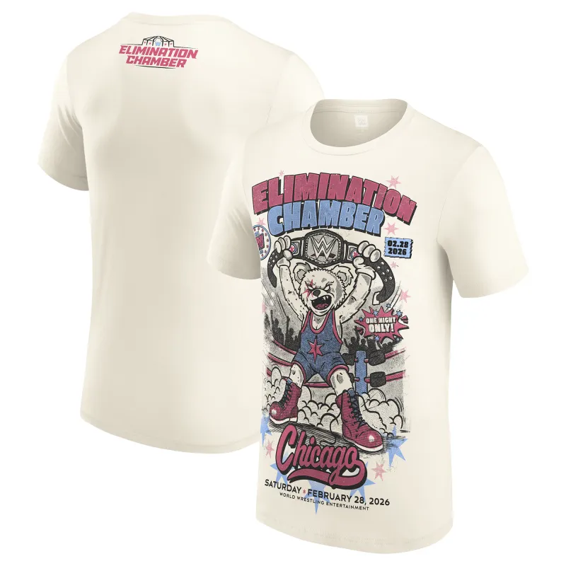 Men's White Elimination Chamber 2026 Chicago Cartoon Bear T-Shirt made by WWE