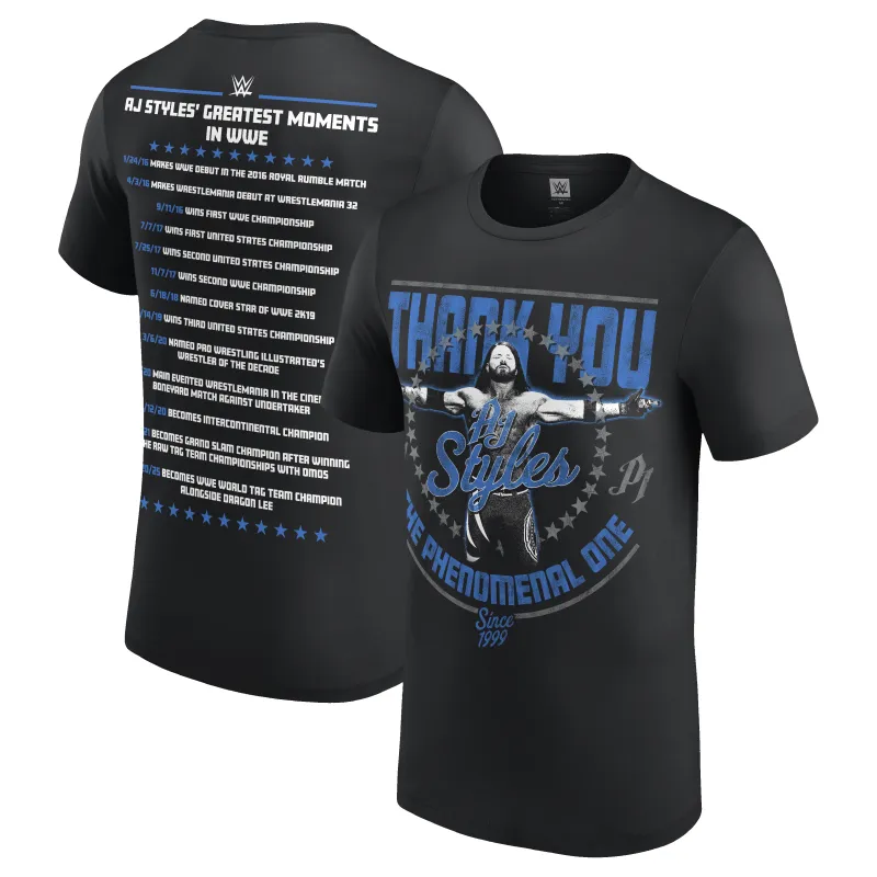 Men's Black AJ Styles Thank You Greatest Moments T-Shirt sold by WWE