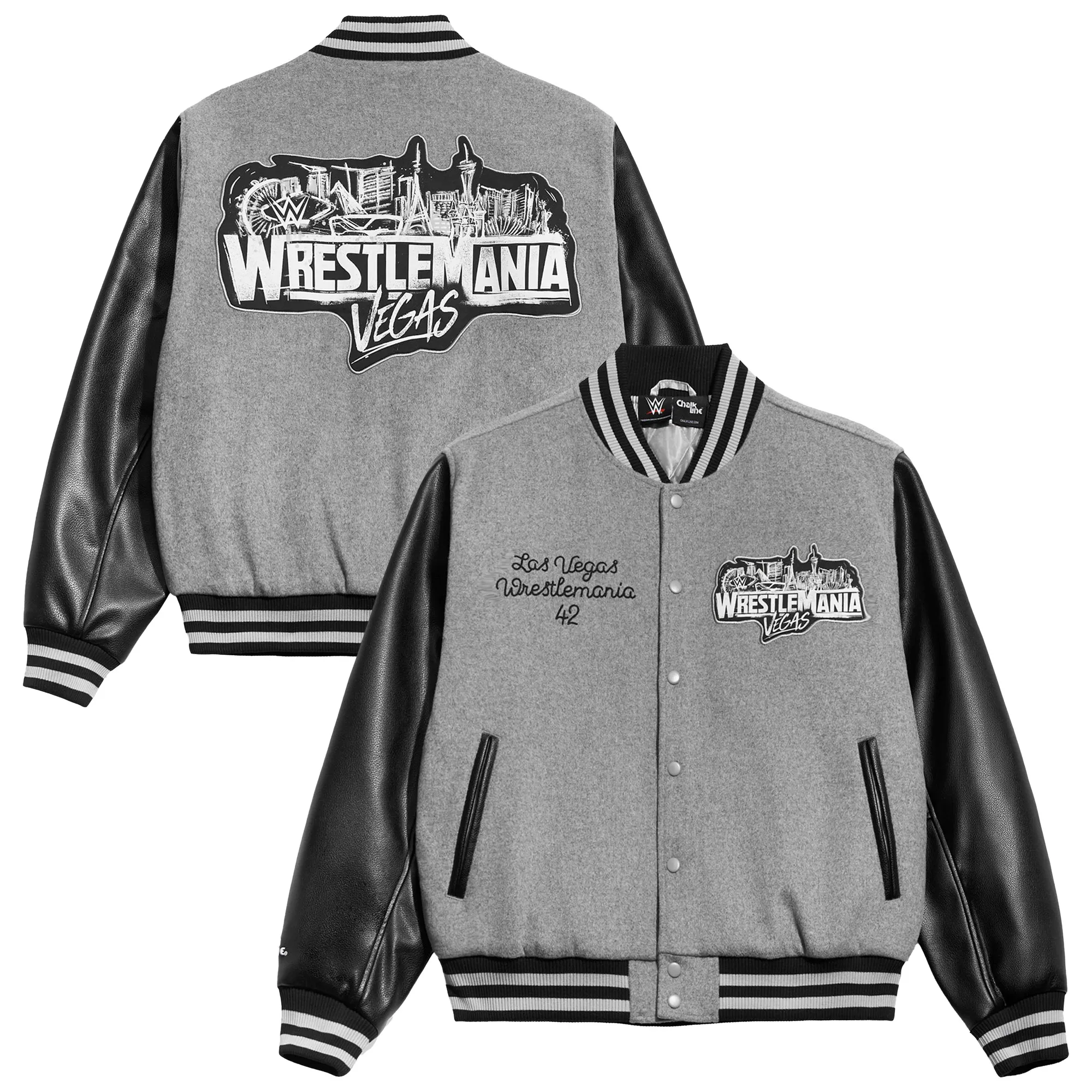Men's Chalk Line Gray WrestleMania 42 Full-Snap Vegas Varsity Jacket sold by WWE