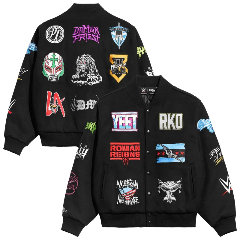 Men's Chalk Line  Black WWE Superstar Logos Full-Snap Varsity Jacket made by WWE