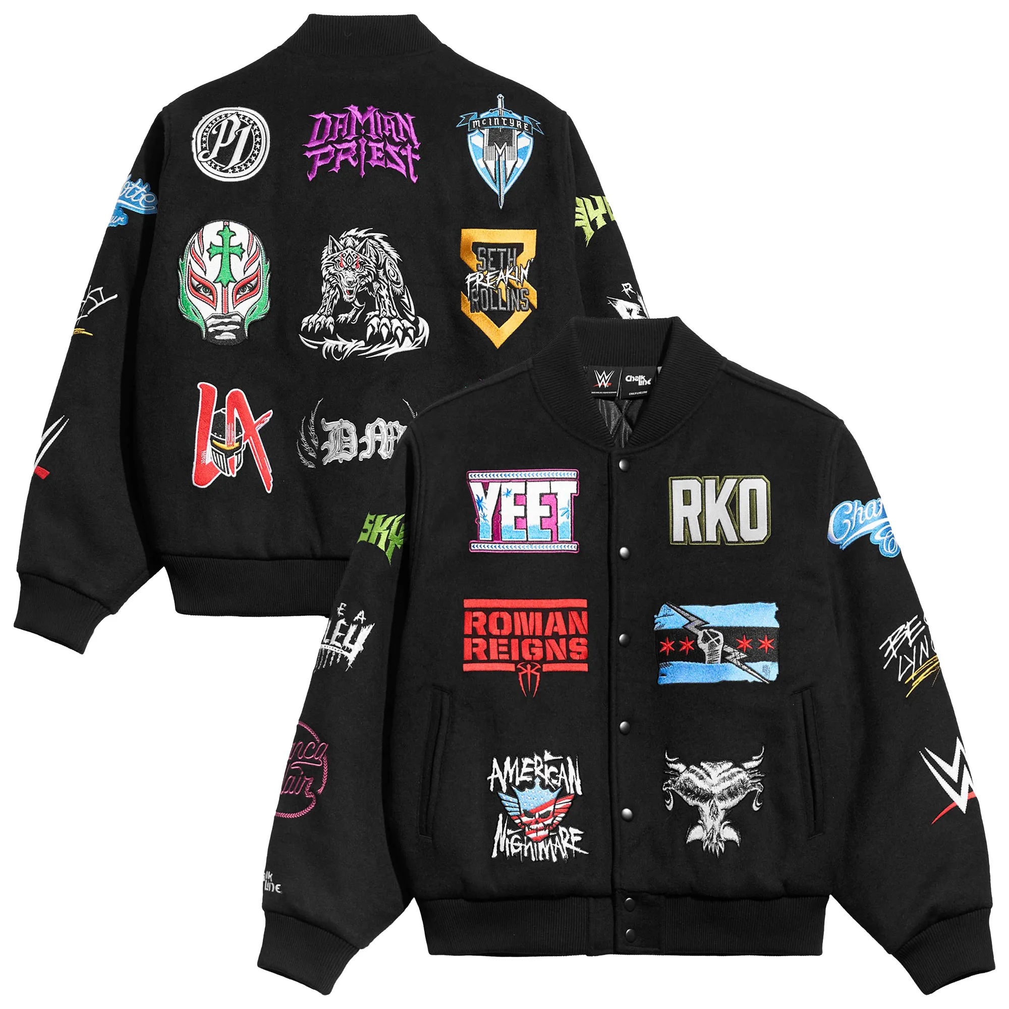 Men's Chalk Line Black WWE Superstar Logos Full-Snap Varsity Jacket sold by WWE