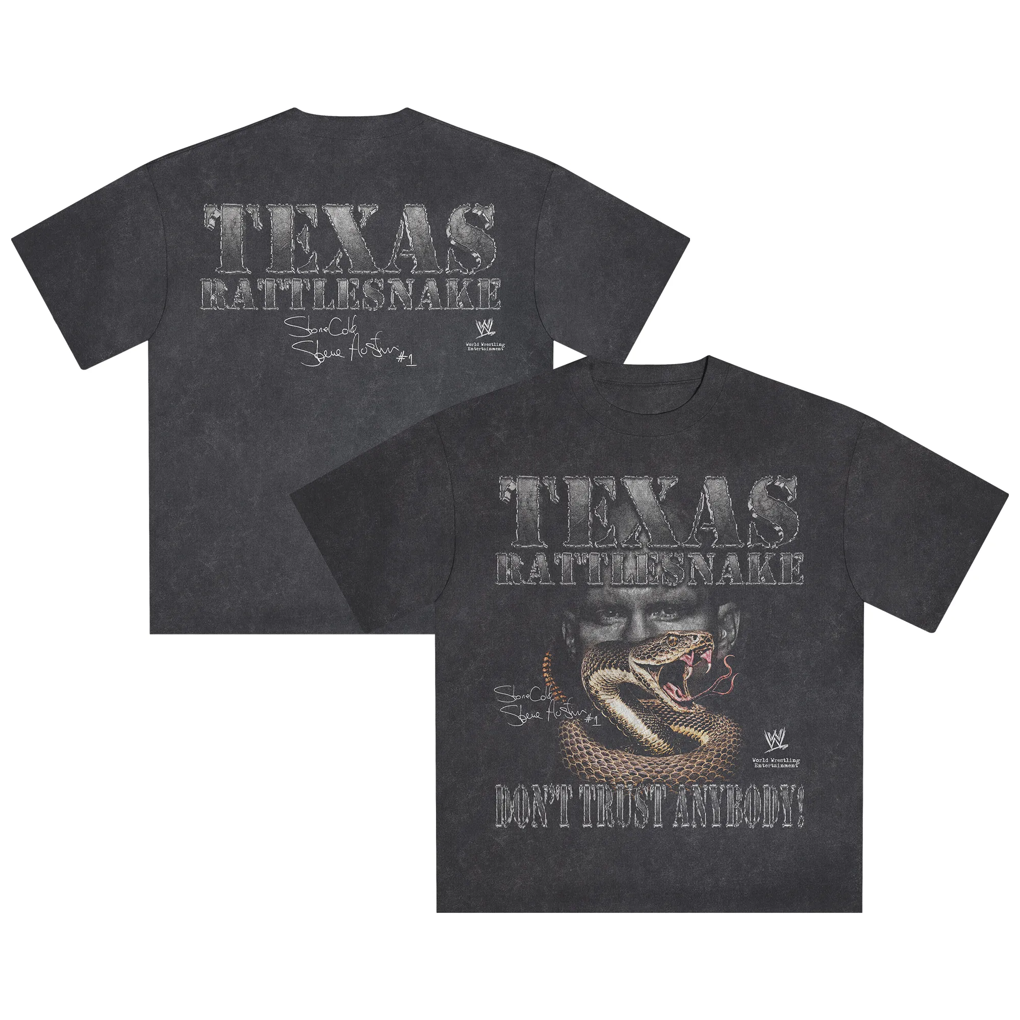 Men's Black "Stone Cold" Steve Austin Rattlesnake Snow Wash T-Shirt sold by WWE