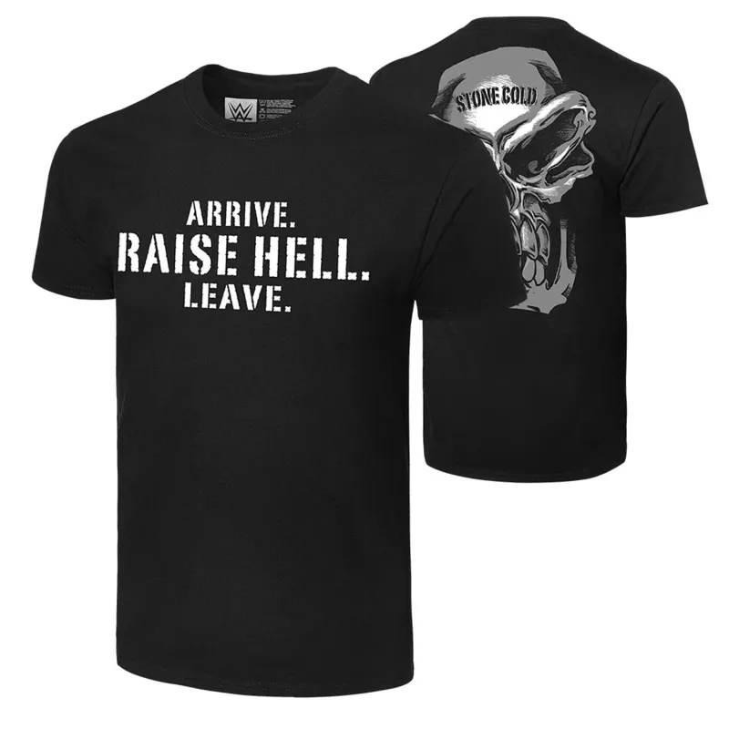 Men's Black "Stone Cold" Steve Austin Retro Arrive. Raise Hell. Leave. T-Shirt made by WWE