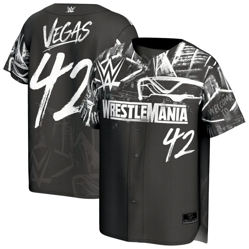 Unisex ProSphere Black WrestleMania 42 Skyline Fashion Baseball Jersey made by WWE